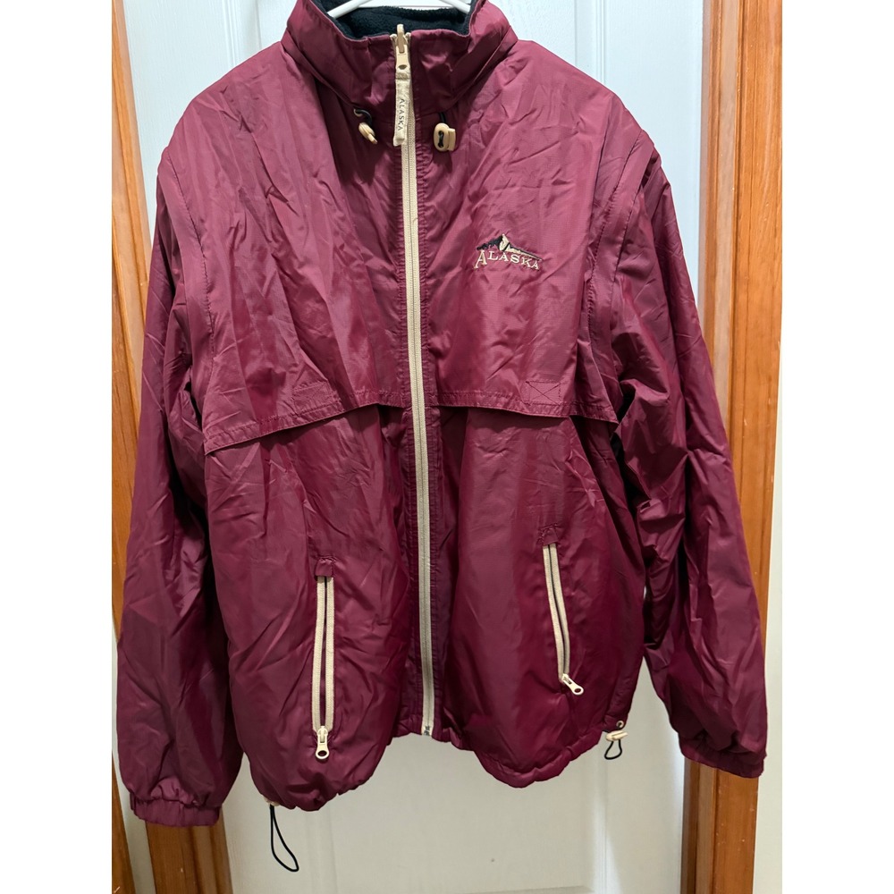 Alaska Souvenir Windbreaker Jacket Burgundy Fleece Lined Hooded Mens Large